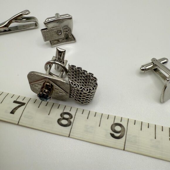 Vintage cuff links tie clips two sets silver toned mens jewelry late 1900s Swank - Picture 13 of 13